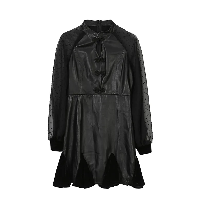

Elegant Ladies Patchwork Sheepskin Genuine Leather Dress Slim Fit Women Black Stand Collar Retro Buttons Mini Ruffles Dresses