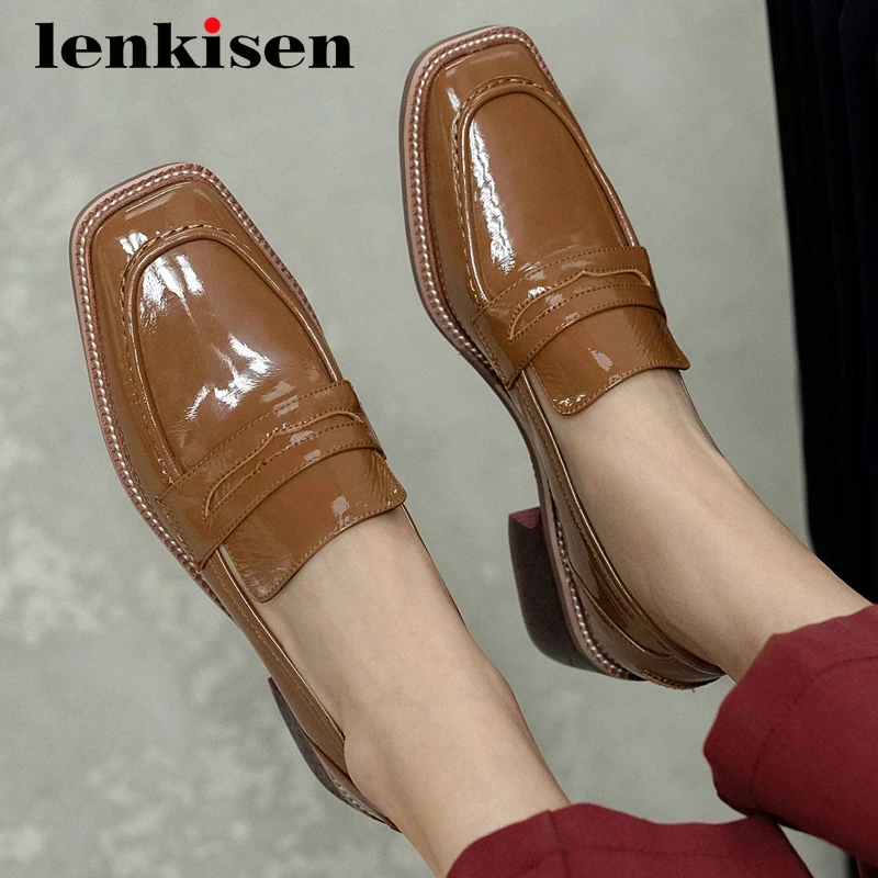 

Lenkisen new neutral british school real cow leather classic colors square toe thick med heel slip on young lady women pumps L65
