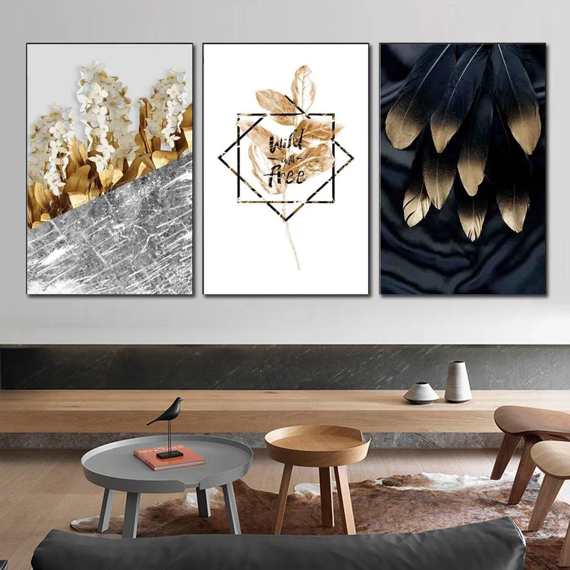 

Canvas Painting Abstract Flower Wall Art Black Gold Feather Scandinavian HD Prints Poster for Living Room Ation Home Decor