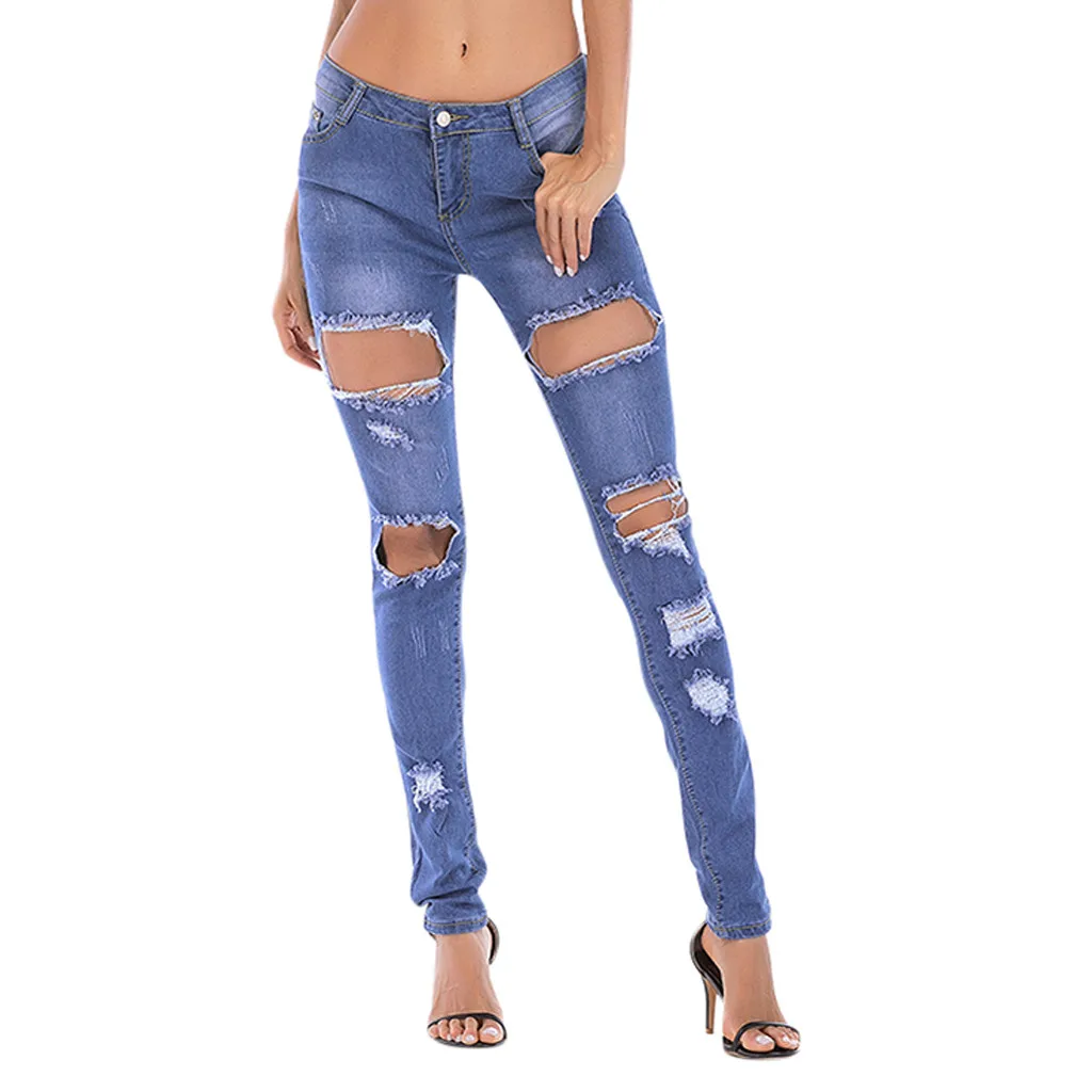 Женские потертые джинсы SAGACE Синие рваные зауженные брюки со средней талией