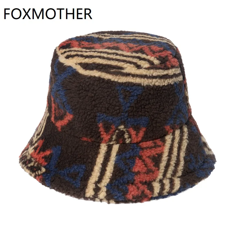 Панама FOXMOTHER Женская/Мужская зимняя теплая, Рыболовная Шапка с искусственным мехом, с геометрическим узором, пушистая, из овечьей шерсти