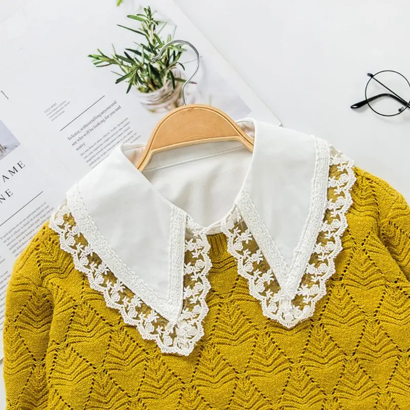 

Korean Women Girl Chiffon False Fake Collars Embroidery Floral Lace Pointed Lapel Decorative Half-Shirt Blouse Removable