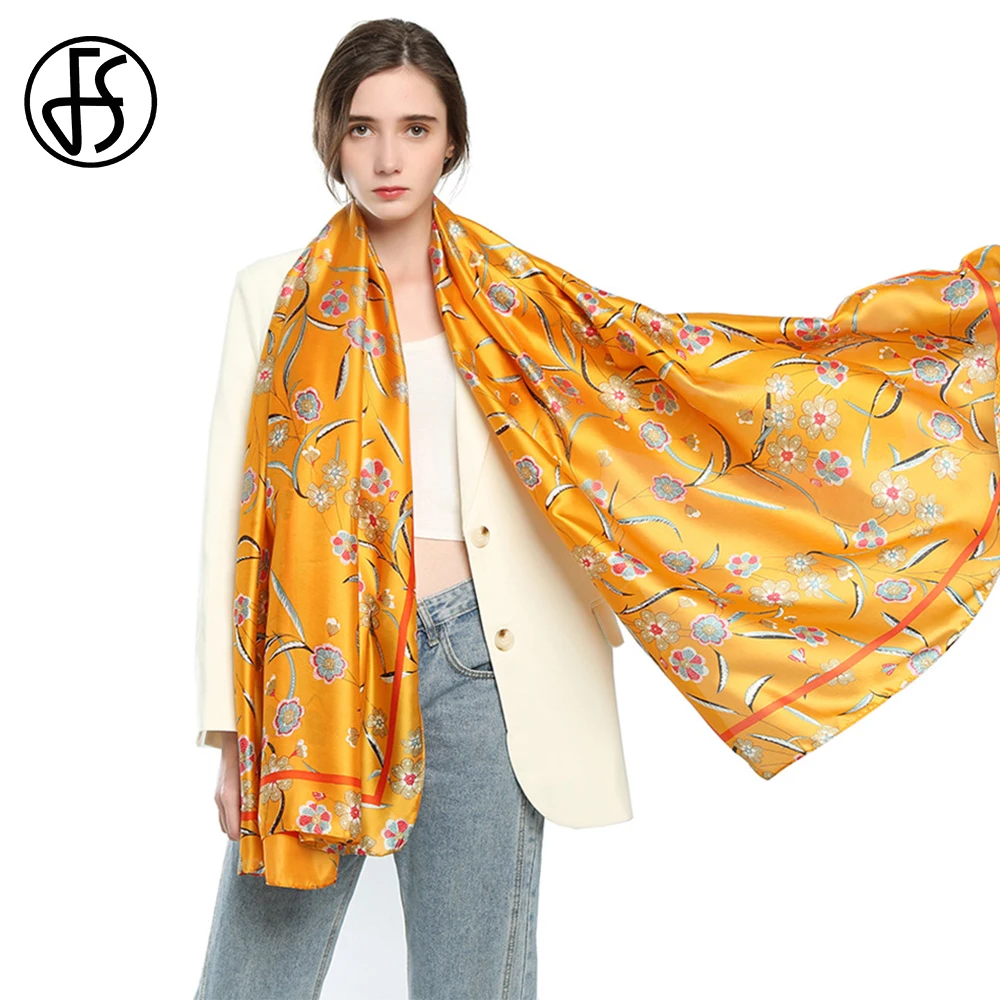

FS Winter Luxury Brand Silk Designer Scarf For Women Elegant Orange Blue Long Satin Floral Shawl Scarves 2021 Encharpe Femenino