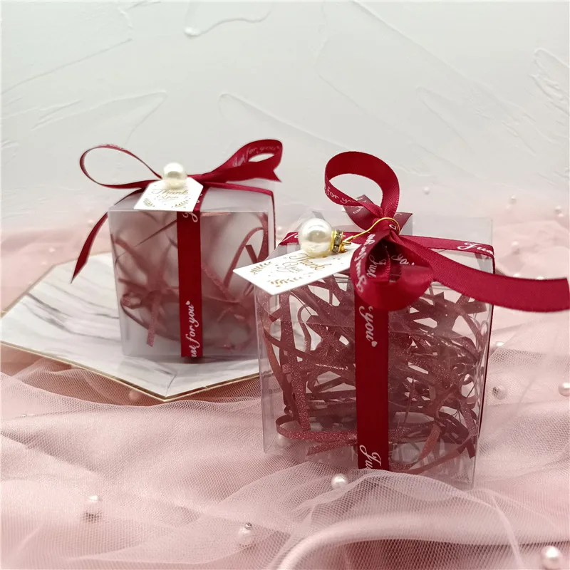 

10/20/30pcs Transparent Dragee Boxes with Gold Thank You Tag Colored Ribbon Sweets Packaging Box Wedding Souvenirs for Guests