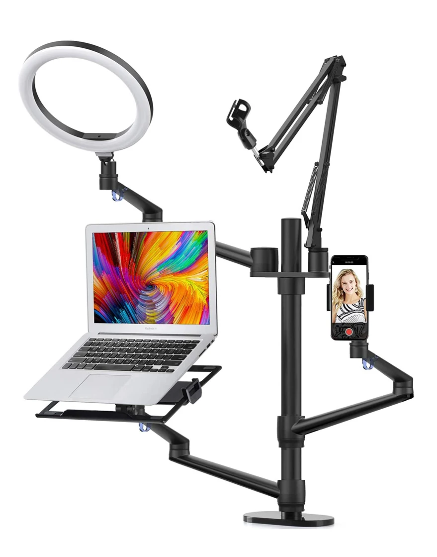 Conjunto de Suporte ao Vivo Compatível com 12-17 Desktop Anel Luz Microfone Montagem Portátil – 17-32 Monitor 7-13 Tablet 3.5- 6-em-1 10 Led