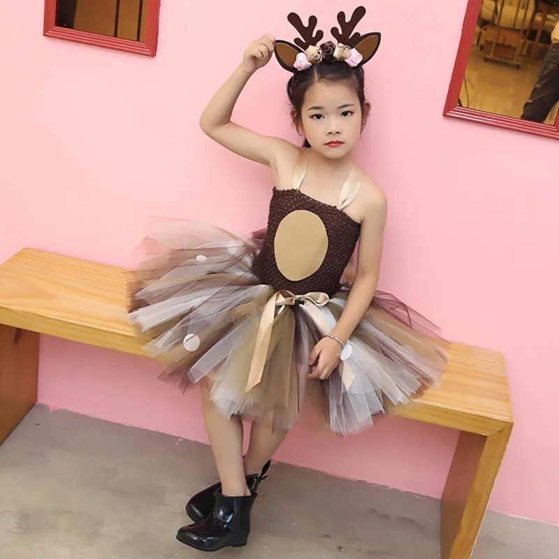 Детское платье-пачка принцессы с рождественским оленем и повязкой на голову; праздничное платье для девочек на День рождения; Детский карнавальный костюм на Хэллоуин