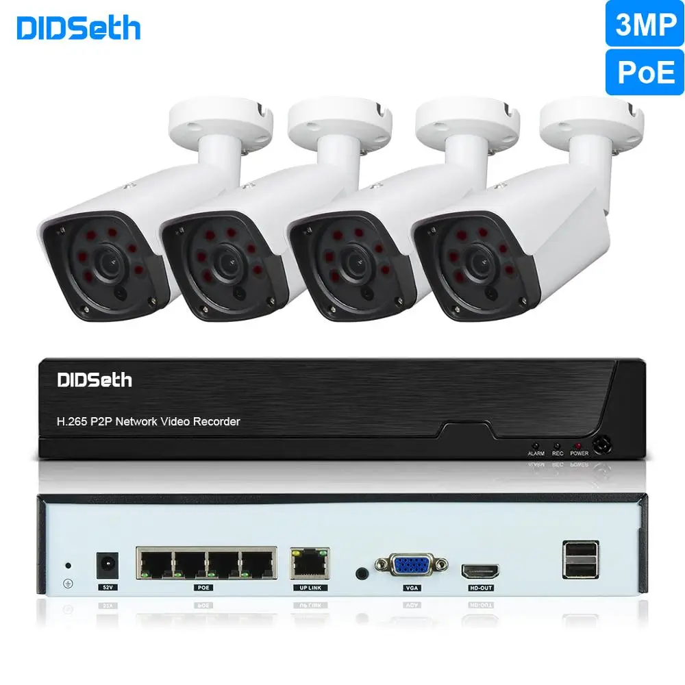 Камера видеонаблюдения DIDSeth 4 шт. канала HD 3 Мп POE NVR защита от непогоды|Система