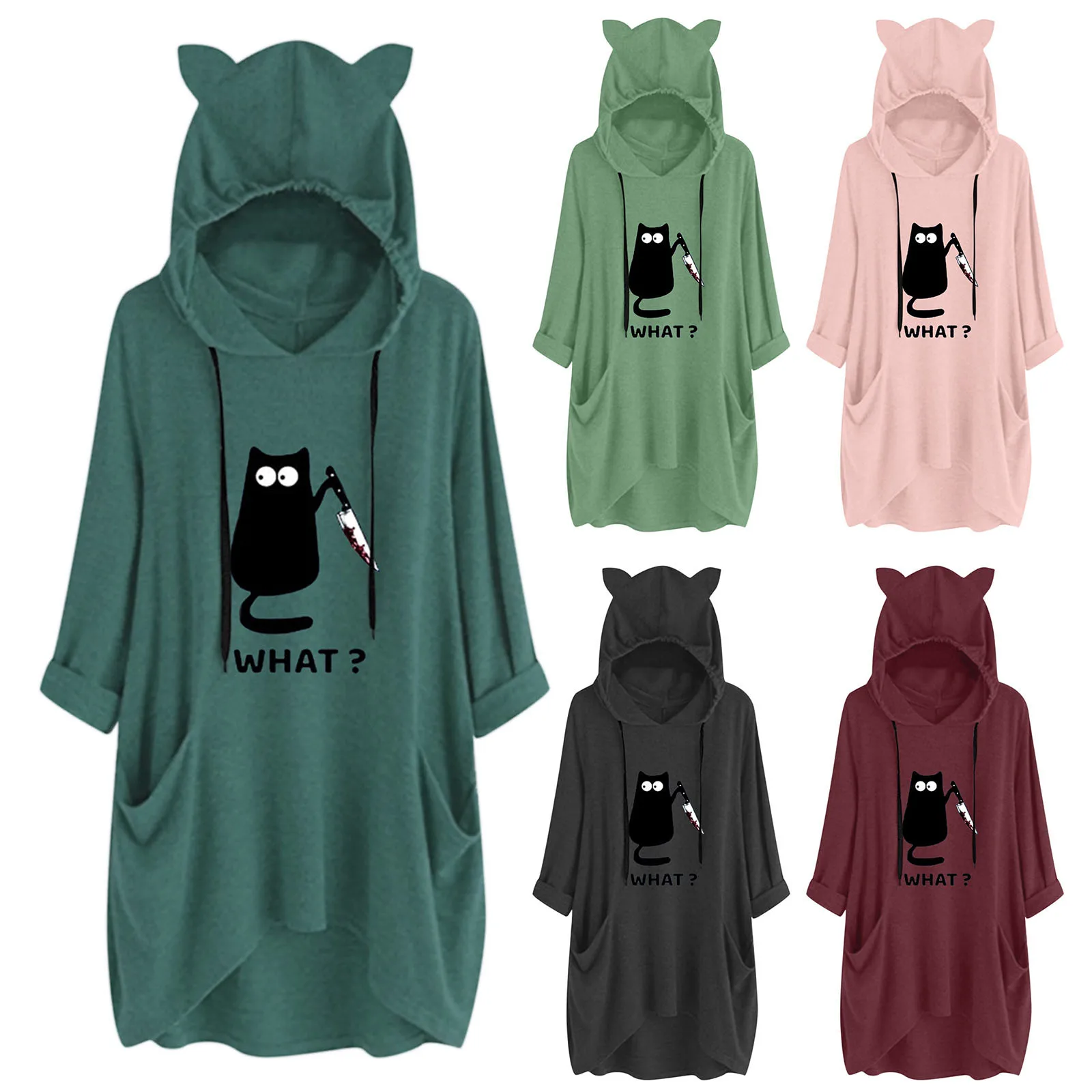 

Женский Повседневный свитшот с кошачьими ушками и капюшоном, тонкий, уличная одежда, толстовка, женский свитер с карманами и худи, пуловер