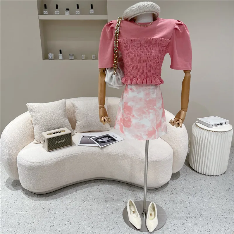

Women's Spring Summer 2021 Fashion Design sense elastic waist slim stringy selvedge bubble sleeve short T-Shirt Top