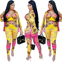 women three pieces sets gorgeous floral printing newest long sleeves shirt crop top pants nightclub party outfits