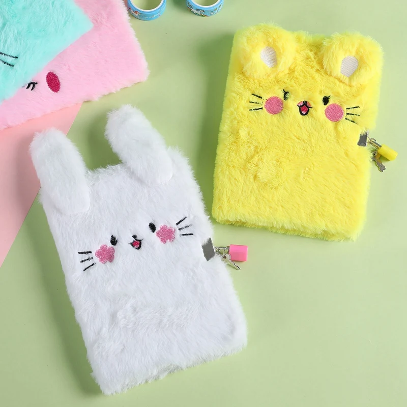 Plush Notebook with Lock Cute Cat Journal Diary Line Paper Planner Organizer Kawaii Back to School Note Book Korean Handbook