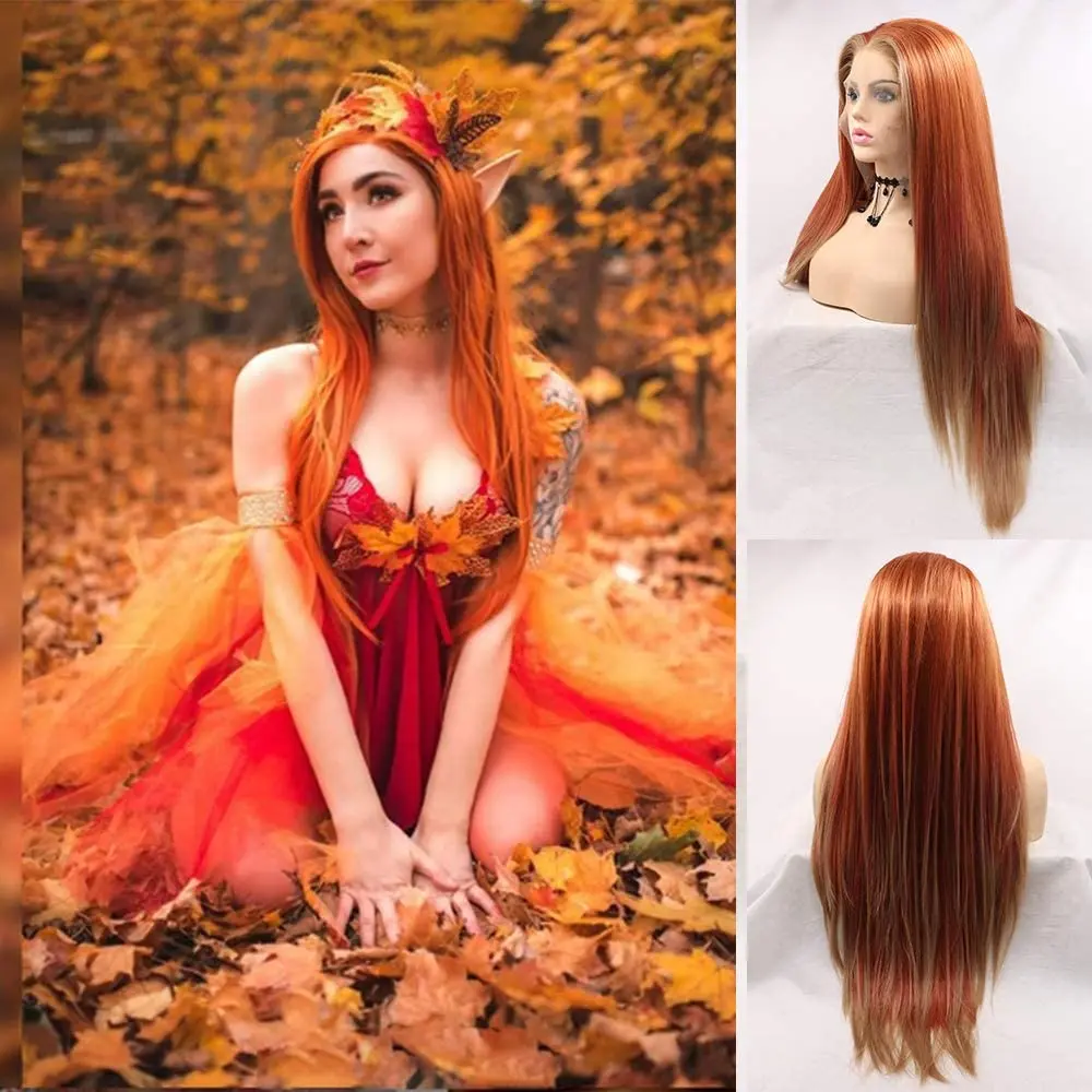Orange Synthetic Wig for Women Long Straight Wig Lace Front Copper Red Wig with Baby Hair Kanekalon Synthetic Hair Realistic Wig