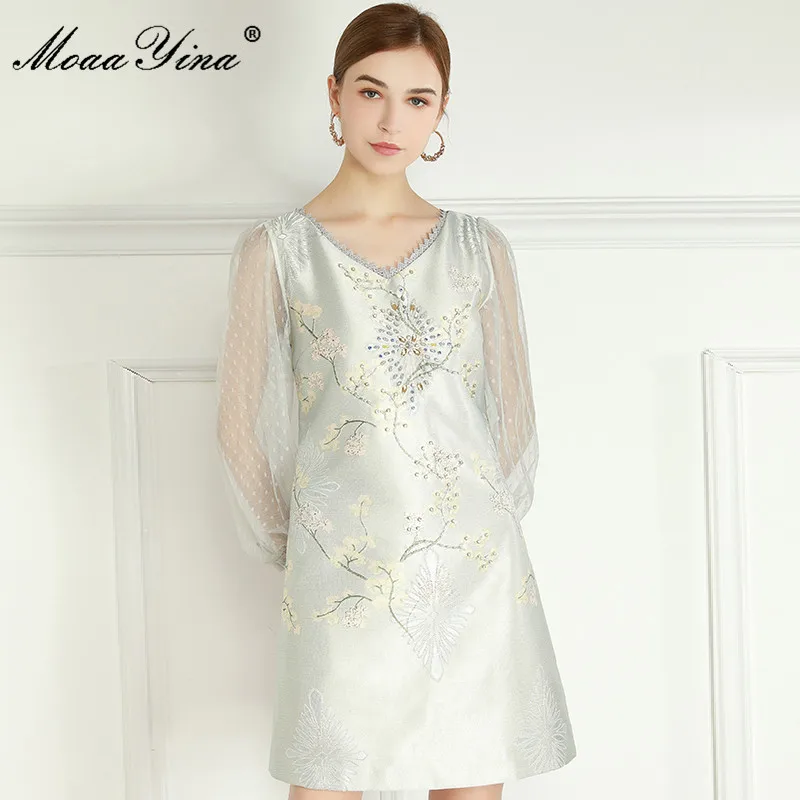

MoaaYina Fashion Designer Summer Short Jacquard Dress Women's V-neck Mesh Lantern Sleeve Beading Flower Print Vintage Mini Dress