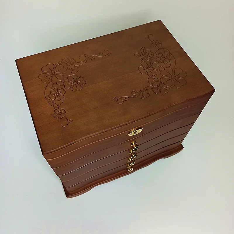 2021 New 5-Layer Solid Wood Jewelry Box With Lock Antique Retro Princess European Style Earrings/Ring/Necklace Storage Box