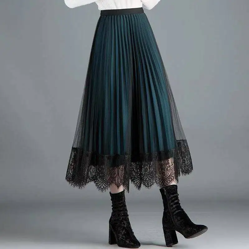 

Women Tulle Double sided Skirts Fashion Elastic High Waist Mesh Tutu Skirt Pleated Long Skirts Midi Skirt Jupe Femmle Lace skirt