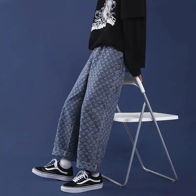 Джинсы мужские жаккардовые с широкими штанинами винтажные прямые брюки-багги