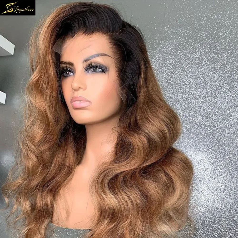 

Deep Part Body Wave Colored Ombre Brown Honey Blonde Human Hair Wigs Preplucked HD Transparent 13x6 Lace Front Wigs Full Closure