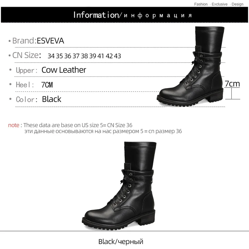 

ESVEVA 2020 Cow Leather Round Toe Square Heel Antiskid Mid Calf Boots Autumn Winter Lace Up Zipper Comfort Women Shoes Size34-43