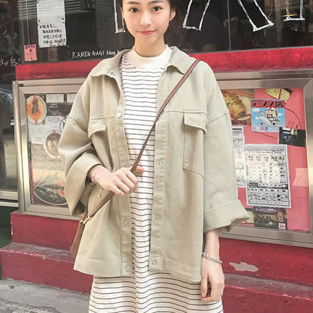 Модное женское джинсовое пальто с длинным рукавом и отложным воротником