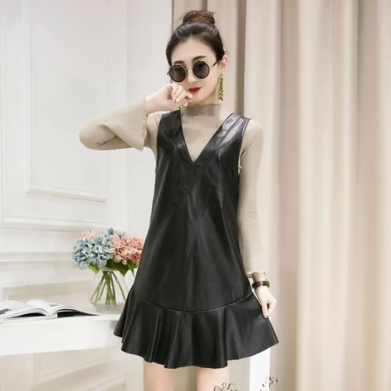 

Women Casual V Neck Sleeveless Tank Dress Ruffles Sheepskin High Quality Genuine Leather Dress Slim Fit Ladies Mermaid Dresses