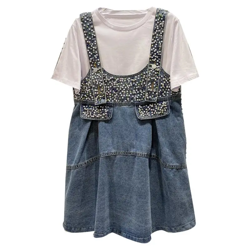 

2021 Summer New Dress Set Women Two Piece Suit Rhinestone Beaded Denim Suspender Dress+short Sleeve White T-shirt Sets Vestidos