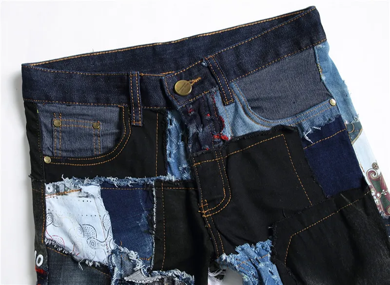 Men's Fashion Stitching Patch Design Patchwork Beggar Jeans Streetwear Buttons Fly Ripped Slim Personality Denim Pants