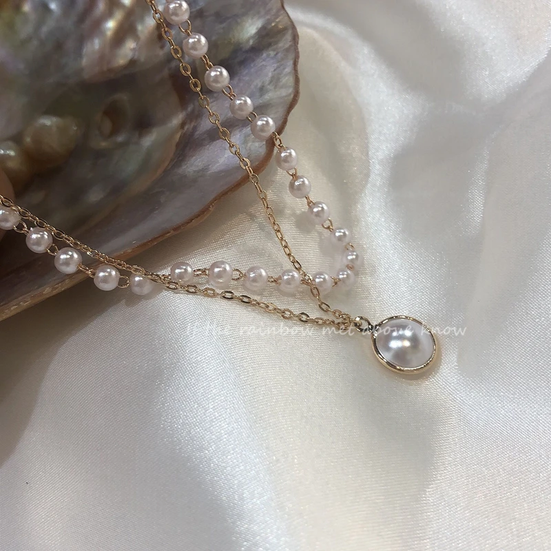 

Gold Double-Layer Pearl Bracelet Special-Interest Design Elegant French Shell Bead Pendant Bracelet Girlfriends Birthday