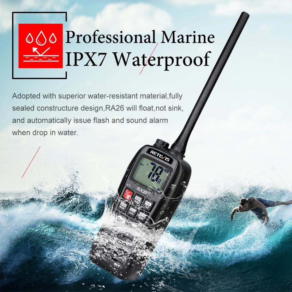 Retevis RA26 Portable VHF Marine Radio Floating Walkie Talkie Waterproof IP67 5W Vibration Water Draining Long Range VHF Radio