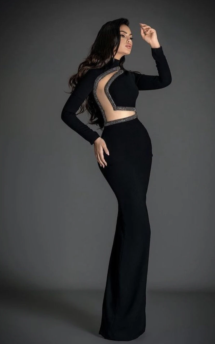 

Fashion Women Solid Color Black Lace O Neck Long Sleeve Hollow Out Patchwork Elegant Office Work Wear Dress
