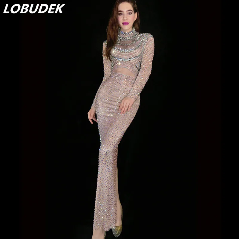 

Fashion Birthday Celebrate Prom Evening Party Rhinestones Dresses Women Long Sleeve Crystals Long Dress For Singer Host Models