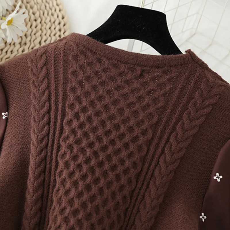 

New Elegant Sexy V Neck Women Knitted Patchwork Lantern Sleeve Dress Korean Ladies Embroidery Vintage Party Dresses Vestidos