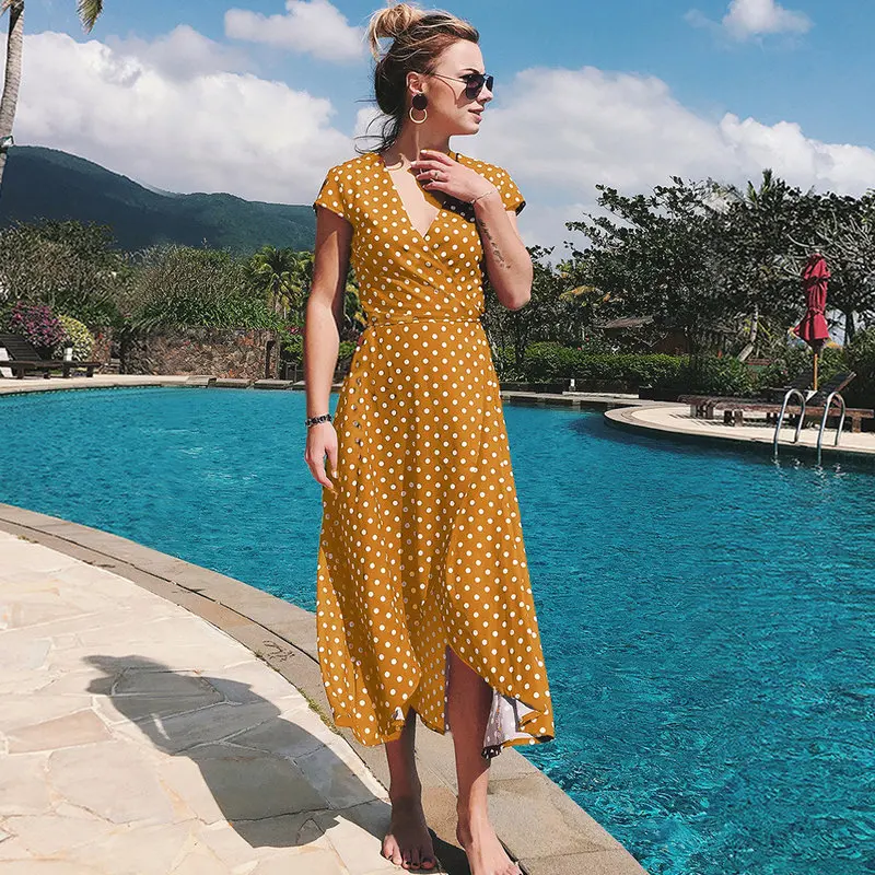 Модное платье в горошек с v образным вырезом элегантные летние Асимметричные