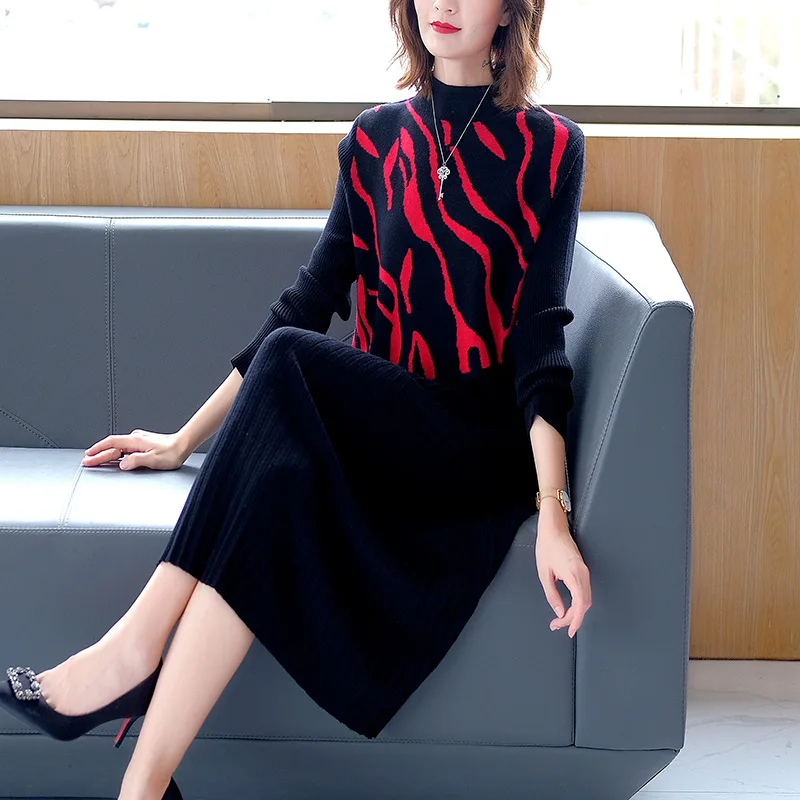 

2020 Autumn Winter Knitted Women Red Flowers Color Block Knitting Long Sleeve Mid-Calf Length Casual Sweater Dress Female