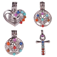 10pcs silver color chakra stones chakra reiki point stone pearl cage locket pendant charms party essential oil perfume diffuser