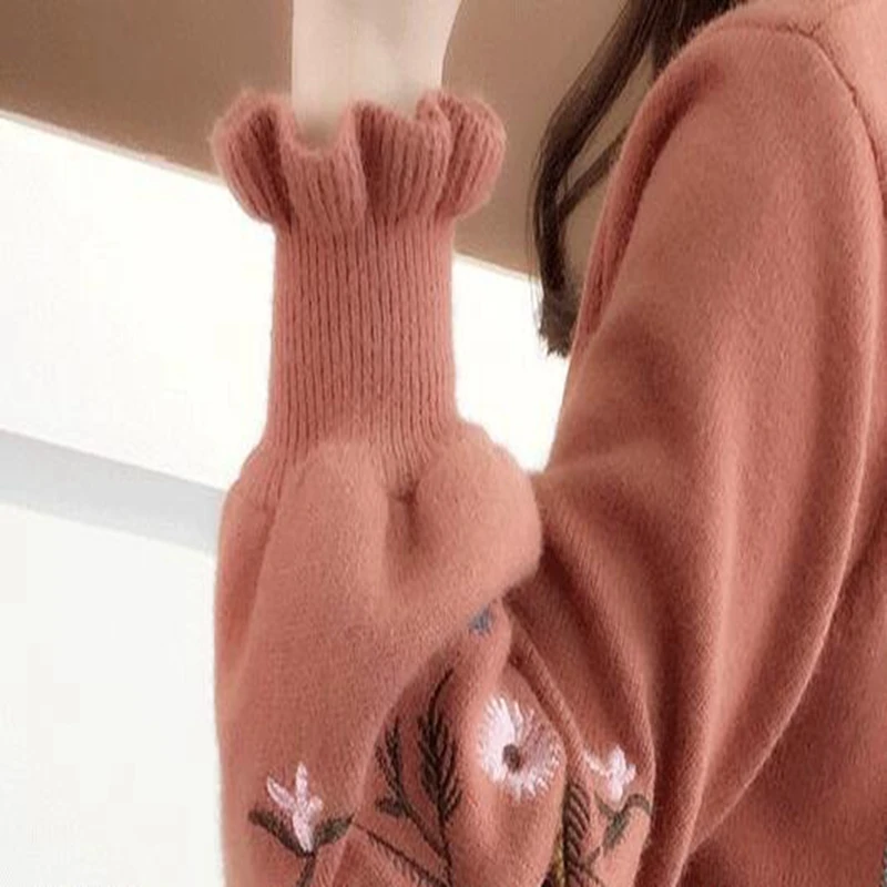 2019 одежда на осень рукав вязать кардиган вышивкой в виде листка лотоса свободные