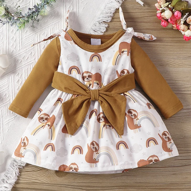 

Spring Fall Baby Girl Dress Baby Girl Clothes 2 Pcs Sets Solid Long Sleeve Bodysuit+cartoon Animal Monkey Bow Girl Dress 0-18M