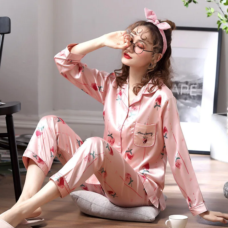 

2021 Autumn And Winter New Ladies Pajamas Set Soft&Comfort Silk Satin Casual Turn-down Collar Long Sleeve+Pants 2Pcs Homewear