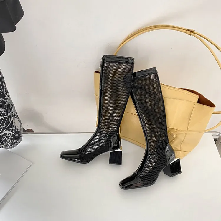 

2021 square cut-out boots not over the knee new long tube net boots mesh Roman shoes cool boots thick heel high-heeled high tube