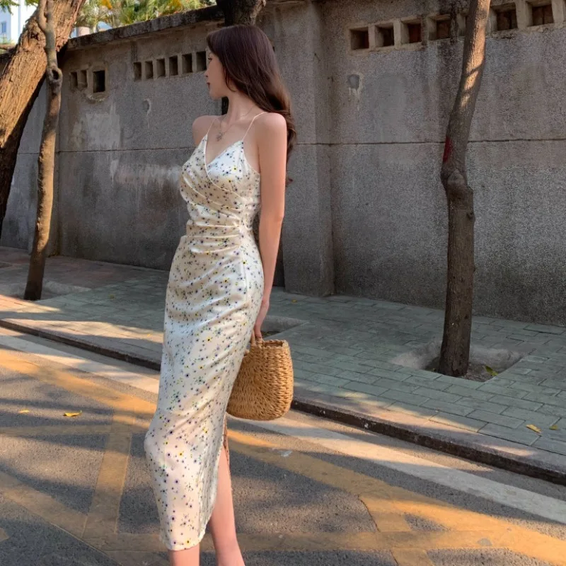 

Romantic Floral V-neck Brace Gentle Tea Break Dress for Women 2021 Summer New Temperament Waist-Controlled One-Step Dress
