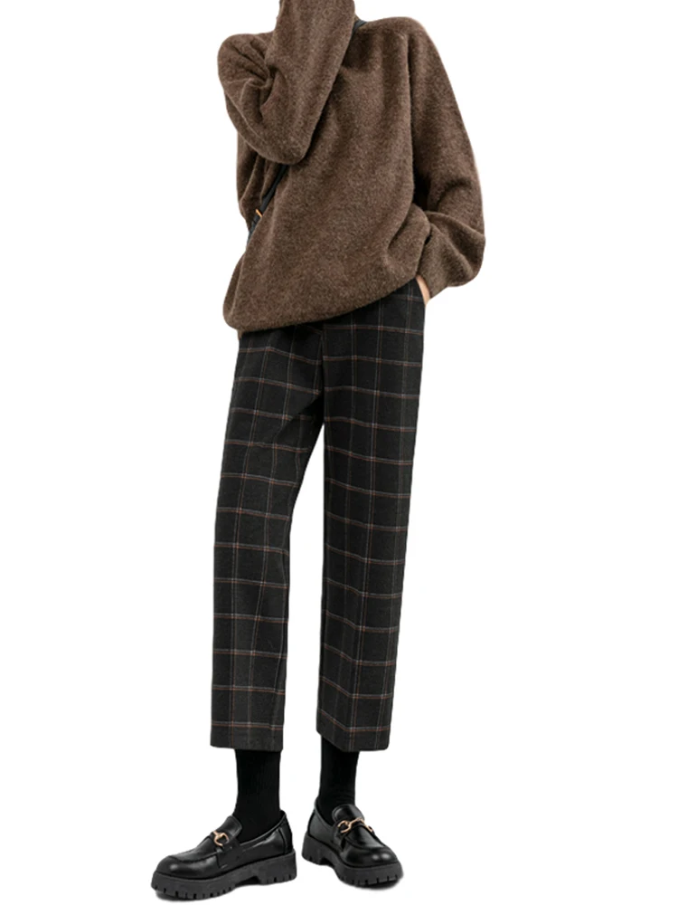 

New Suit Pants Women High Waist Plaid Pants for Women Straight Harem Pants Ankle Length Loose Woolen Checked Pants Fashion
