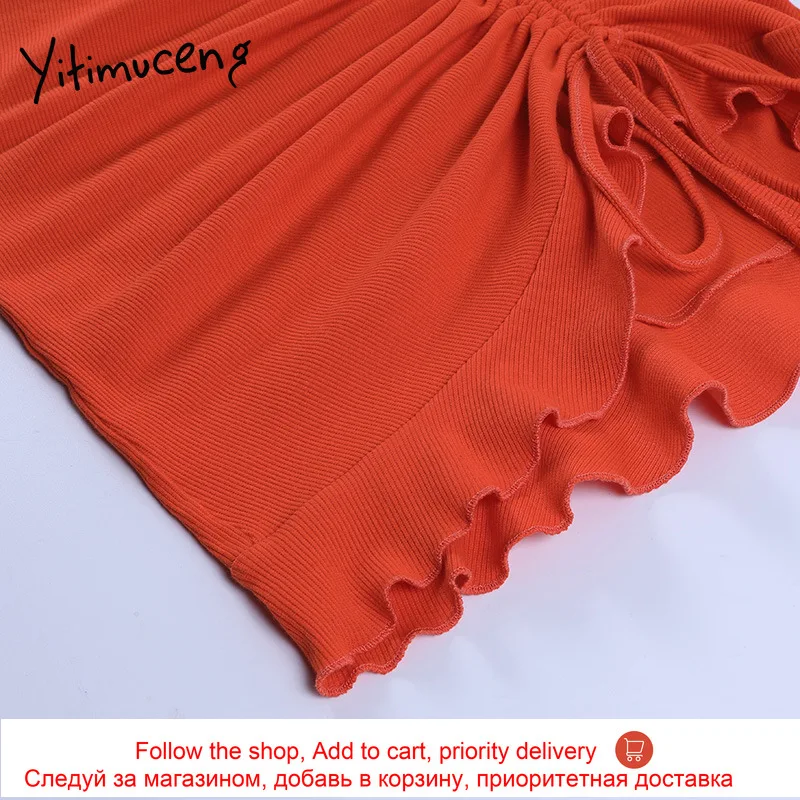 

Yitimuceng Draw String Sexy Solid Dress Partty Pencil Green V-Neck Summer 2021 Cotton Sleeveless Short Dresses Spliced Fashion
