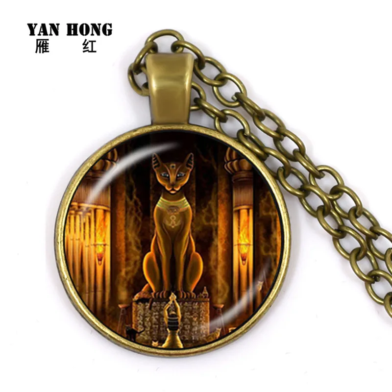 Ancient Egyptian Cat Goddess Statue Necklace Egypt Lord Pendant Handmade Glass Women Jewelry Amulet Accessories | Украшения и