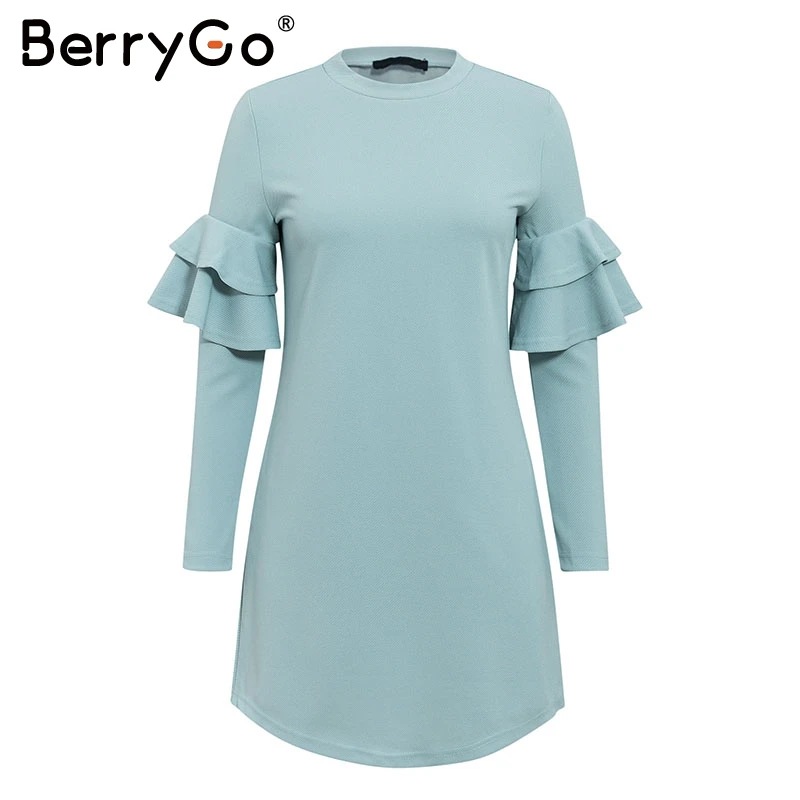 grey blue BerryGo Элегантное трикотажное мини-платье с оборками женское однотонное тонкое вечернее платье с круглым вырезом осенне-зимнее женское платье с длинным рукавом для работы - Цвет: grey blue