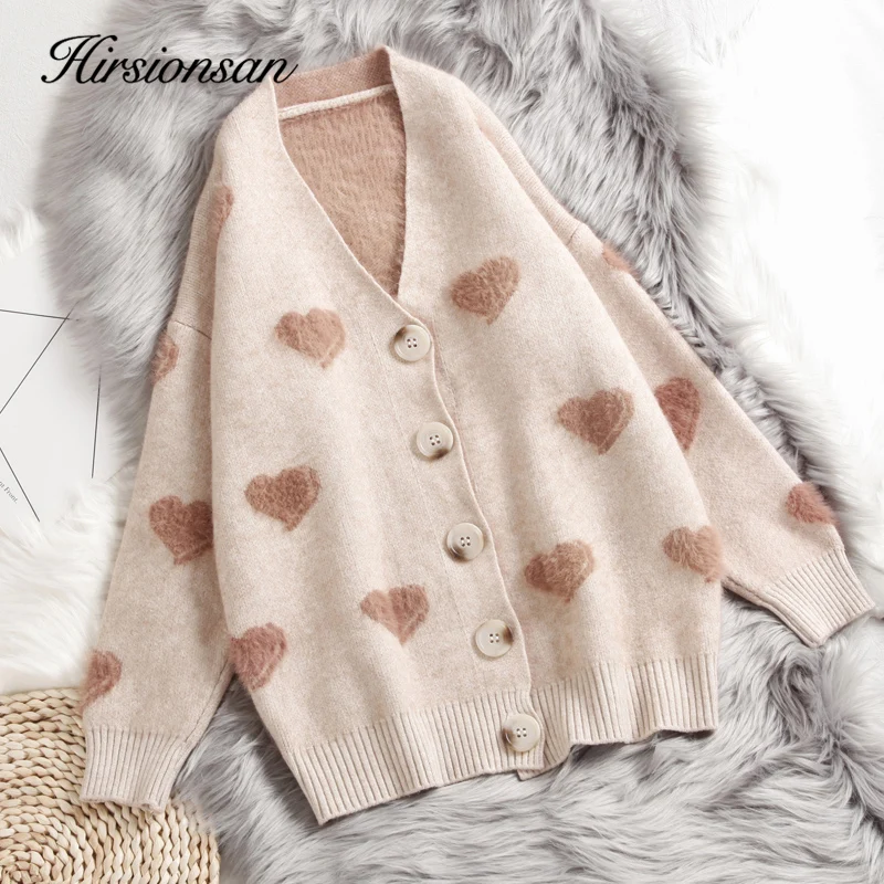 Hirsionsan Cashmere Sweater Women Autumn Winter Knitted Cardigans Kawaii Heart Loose Clothes Oversized Soft Warm Pull Femme