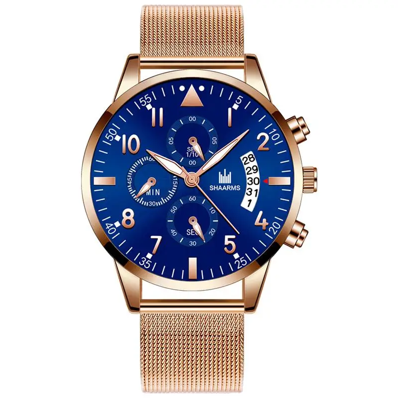 Rose Gold Blue SHAARMS часы мужские водонепроницаемые повседневные Роскошные брендовые кварцевые военные часы деловые мужские часы s наручные часы Relogio дропшиппинг - Цвет: Rose Gold Blue