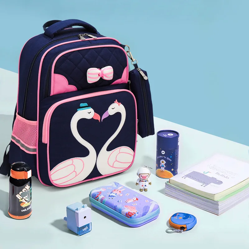 Школьные ранцы с лебедем для девочек, милые детские рюкзаки, детская ортопедическая сумка с мультипликационным рисунком, большая сумка для ...