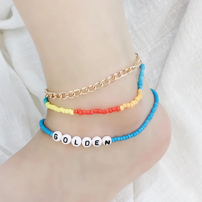 

New foot jewellery suit hand-woven rice beads letters anklets for women multi-layered Bracelet on the leg