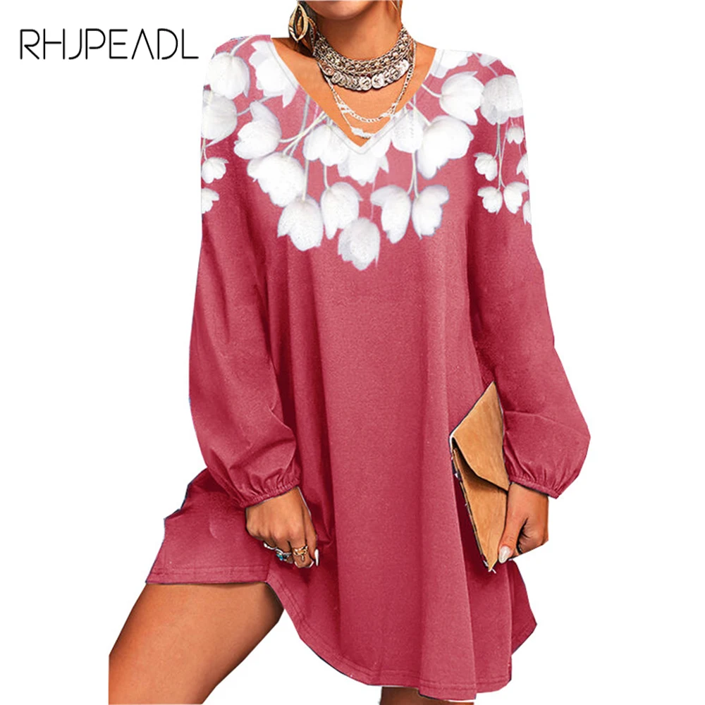 

Women Fashion Floral Print Loose Dress Casual Long Sleeve Sexy V-neck Mini Dress 5XL 2022 Spring Autumn Woman Party Dresses