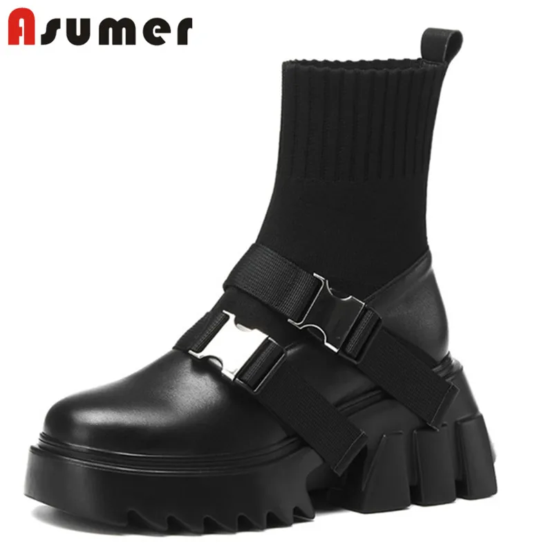 

Женские повседневные ботильоны Asumer, из натуральной кожи, на толстой платформе, с металлическим украшением, 2022