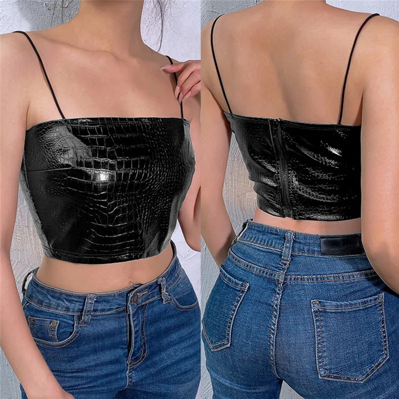 Летний сексуальный женский короткий топ из искусственной кожи Женский Топ без